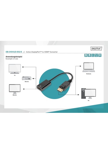Digitus Aktif Displayport Adaptör Kablosu - Dp - Hdmi Tip A - Hdm