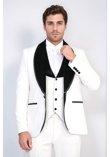 Klasik Kadife Yaka Beyaz Smokin Takım - Wessi Mavi
