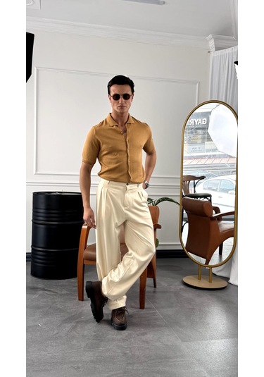 Modefendi Slim Fit Polo Yaka Triko Pamuk Kısa Kollu Gömlek Taba