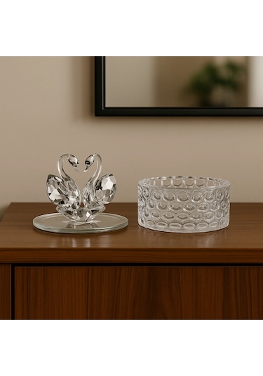 Kristal İki Kuğulu Takı Toka Kutusu 12x8