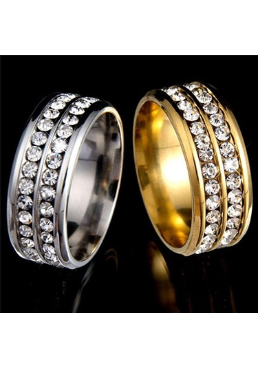 Altın Bayan Erkek Moda Çift Sıralı Rhinestones Titanyum Çelik Düğün Takı Yüzük 8 Altın