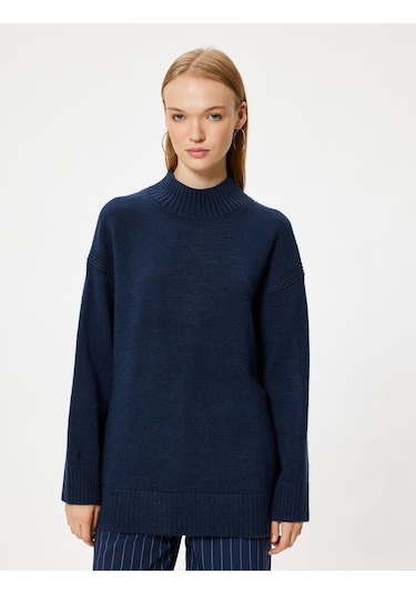 Koton Triko Tunik Kazak Dik Yaka Uzun Kollu Rahat Kalıp Lacivert 5wal60001ht Lacivert