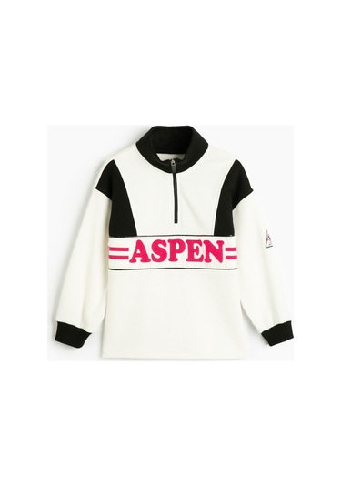 Koton Sweatshirt Dik Yaka Yarım Fermuarlı Uzun Kollu Baskılı Renk Kontrastlı Ekru 4wkg10559ak 4WKG10559AK010 Ekru