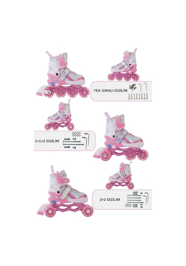 Melek Kanatlı Işıklı Çocuk Pateni Ve Dizlik Seti Silikon Teker Ayarlanabilir Paten Çantalı Pembe Pembe