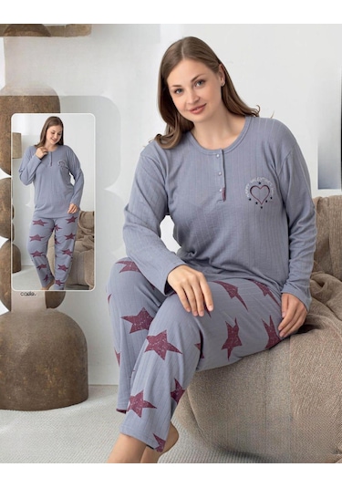 Lindros Kadın Pamuk'lu Düğme Yaka Raporlu İnterlok Kışlık Battal Pijama Takımı 05144 - 1 Adet Gri