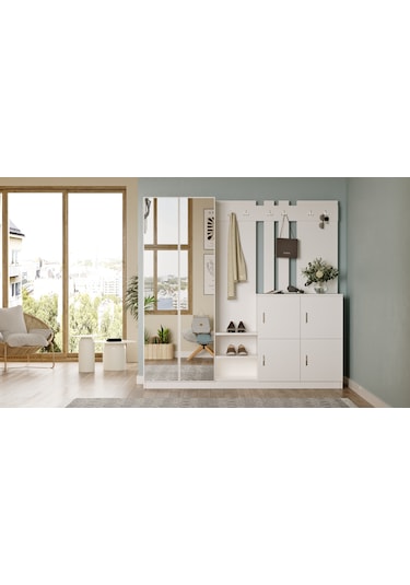 Robin Home Nova Aynalı Vestiyer Portmanto Ayakkabılık Beyaz