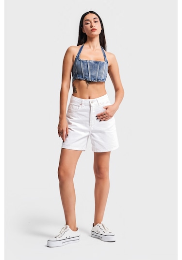 Itsbasic Kadın Beyaz Renk Diana Mom Fit Denim Şort