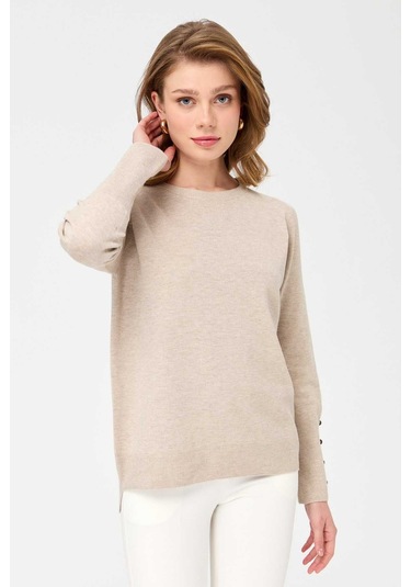 Desen Triko Kadın Sıfır Yaka Önü Kısa Arkası Uzun Bluz 23331 Bej