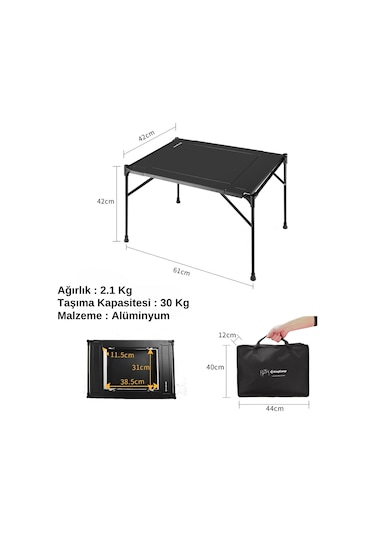 Kingcamp Loes Ultralight Alüminyum Midi Katlanır Kamp Masası Siyah