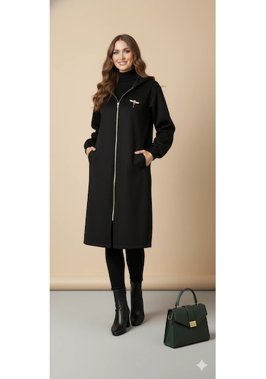 Kadın Gri Kapüşonlu Balon Kol Fermuarlı Kaban Oversize Midi Boy Kışlık Kaşe Mont Siyah