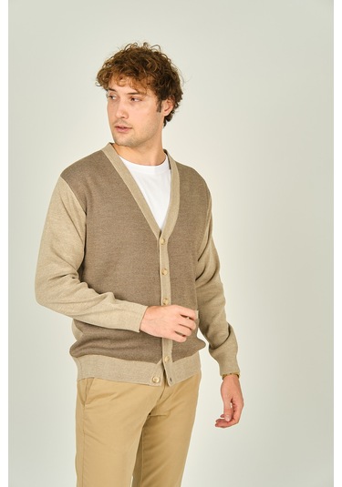 Ateş Triko Erkek Cep Detaylı V Yaka Yün Hırka 4490 Bej Bej