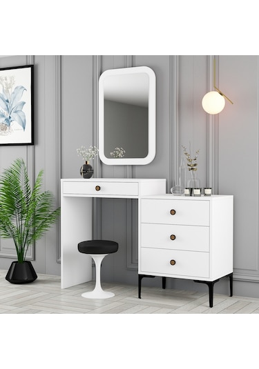 Lizbon Makyaj Masası Aynalı - Beyaz / Beyaz