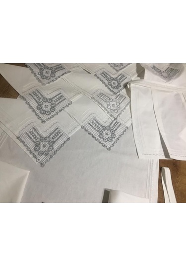 Finezza Batik Gümüş Dantelli Pamuk Kumaş Beyaz Mutfak Takımı 17 P