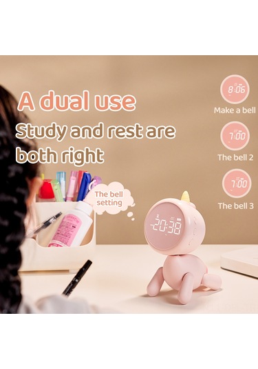Dofolink Beyaz Unicorn Masa Saati Öğrenci İçin - 3 Alarm, Geri Sayım, Uyku Tuşu, 6 Zil Seçeneği, Işıklı Fonksiyon, Pilli Abs+pc