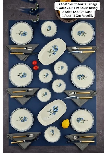 Cooker Ckr4262 Mavi Çiçek Desenli Beyaz Porselen Kahvaltı Seti 14 Parça Çok Renkli