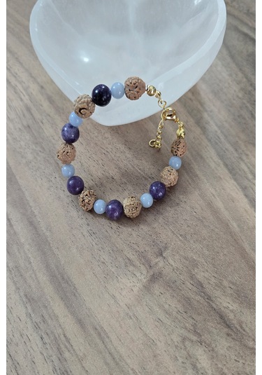 8 Mm Rudrashka, Lepidolit, 6 Mm Anjelit Doğal Taş Bileklik Çok Renkli