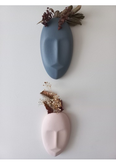 Dekoratif 2'li Yüz Duvar Vazosu, Duvar Süsü ,heykel Aksesuar Gri Bej