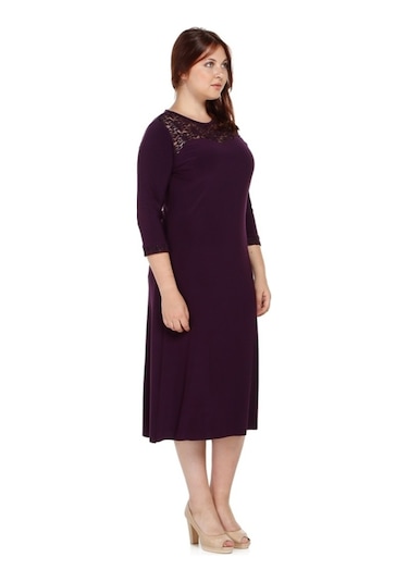 Nidya Moda Büyük Beden Dantel Roba Elbise-4078Dm Mürdüm