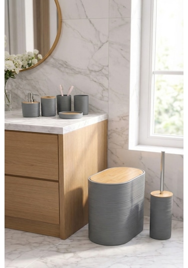 Makri Home 6 Parça Gri Banyo Seti, Bambu Detaylı, 8l Çöp Kovası 24x26x16 Cm