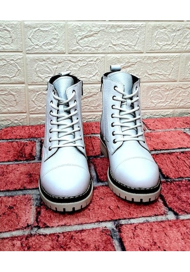 Voyager 8493 Beyaz Hakiki Deri Fermuarlı Bağcıklı Kaliteli Bayan