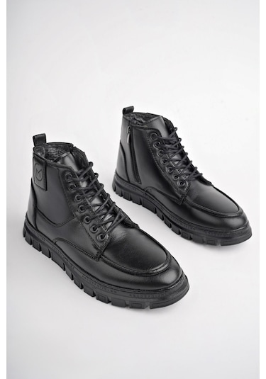 Muggo Gilberto Garantili Fermuarlı Bağcıklı Kürklü Hafif Taban Erkek Bot Siyah