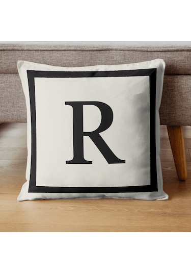 Harfli Kırlent Kılıfı - R Harfi - Dekoratif Kırlent Kılıfı Krem