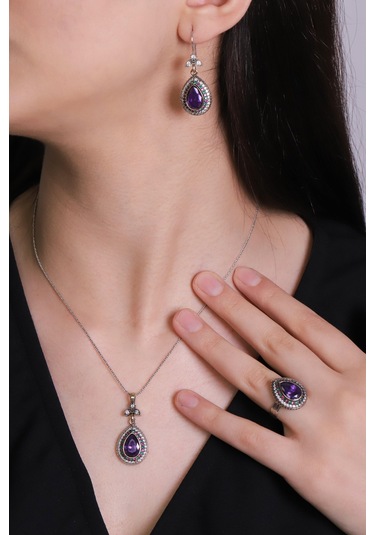 Beyisa Didar Sultan Serisi Ametist Taşlı Seti Damla Gümüş Üçlü Kadın Takı Seti