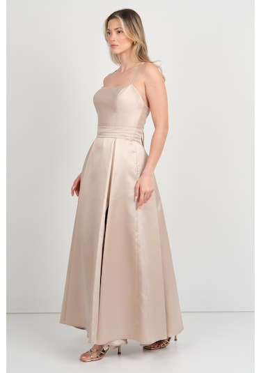 Doridorca Kadın İp Askılı Sırttan Bağlamalı Tafta Kumaş Abiye Elbise 7078 Bej Bej