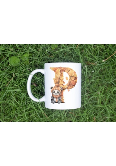 P Harf Sonbahar Yaprak Temalı Kupa Bardak - Sevimli Figürler İle Alfabe Harfli Bardak - Kişiye Özel Beyaz