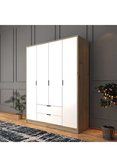 Nisan Açık Ceviz-beyaz 140 Cm 4 Kapılı 2 Çekmeceli Elbise Dolabı - Gardırop Açık Ceviz & Beyaz