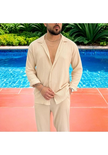 Erkek Bürümcük Krinkıl Kumaş Yazlık Likralı Apaj Yakalı Gömlek Ve Eşofman Takım Kombini Bej