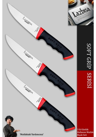 Lazbisa Mtf-052 Soft Grip Mutfak Bıçak Seti Et Ekmek Sebze Bıçağı 3 Lü Set Günlük Kullanım Kırmızı - Siyah