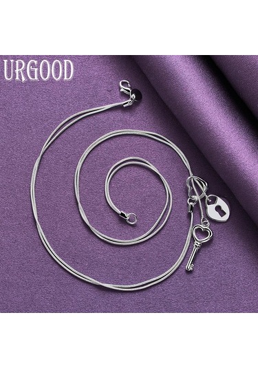 925 Ayar Gümüş Anahtar Kalp Kilit Kolye Yılan Zinciri Kadın Düğün Moda Charm Takı