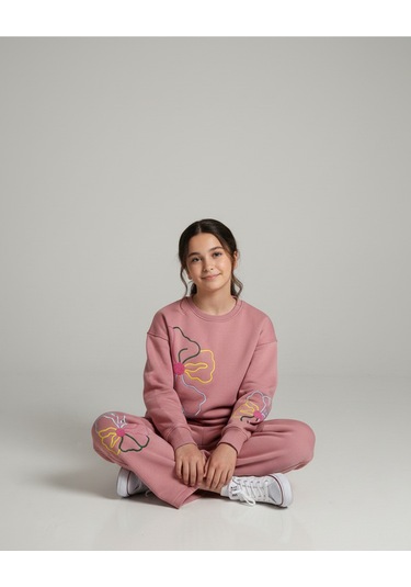 Kız Çocuk Çiçek Nakışlı 3 İplik Şardonlu Eşofman Takımı Pembe