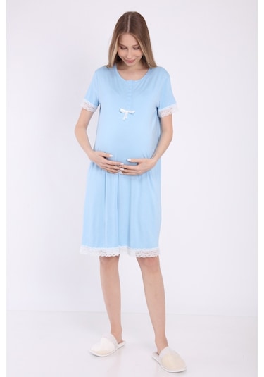 Luvmabelly Myra9591 Önden Çıt Çıtlı Dantelli Hamile Geceliği -mavi-mavi
