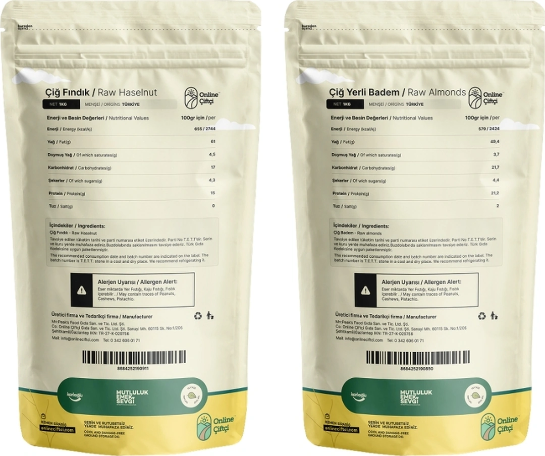 Online Çiftçi Çiğ İri Fındık + Çiğ Yerli Badem 1 KG