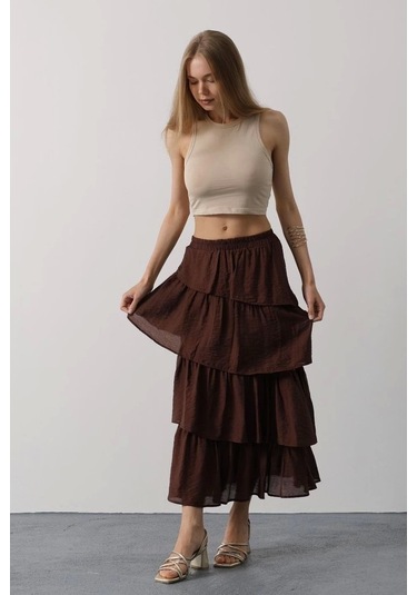 Katlı Kesim Uzun Etek - Kahve Kahve