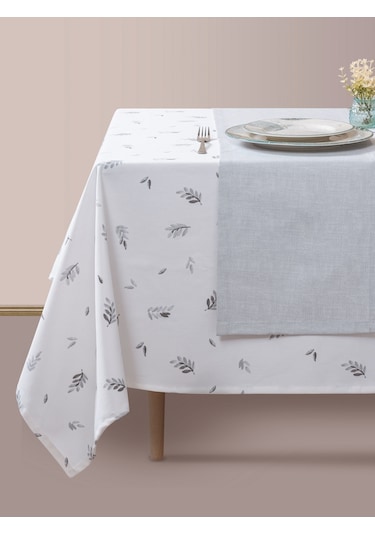 Cotton Box Baskılı Masa Örtüsü Seti Yaprak Gri 160x180
