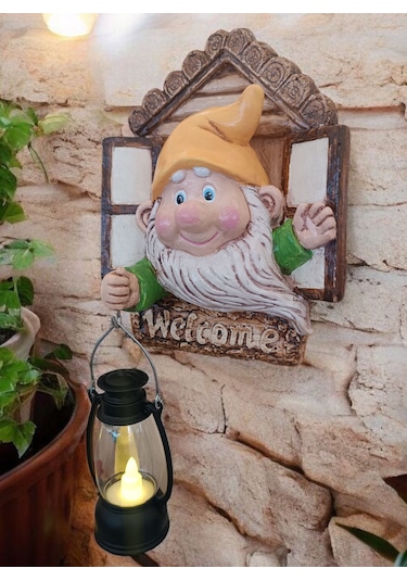 1 Adet Dekoratif Duvar Ve Bahçe Süsü Fenerli Sevimli Cüce Sarı