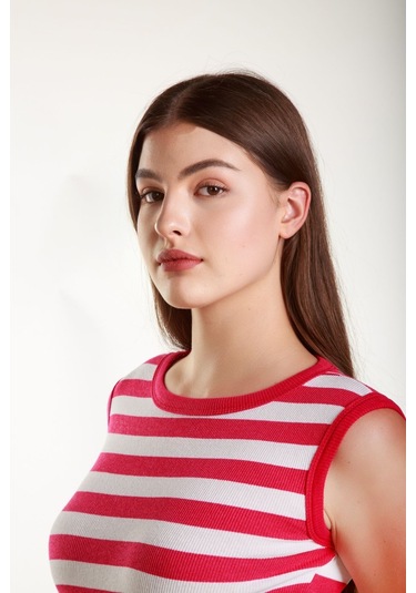 Kadın Pempebeyaz Çizgili Fitilli Likralı Sıfır Kol Bisiklet Yaka Örme Atlet Tshirt Bluz Pembe - Beyaz