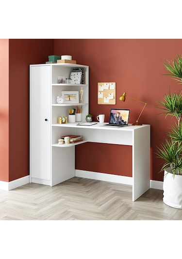 Roma Raflı Çalışma Masası , Çalışma Ofis Masası Sol Dolaplı Beyaz Mat Beyaz