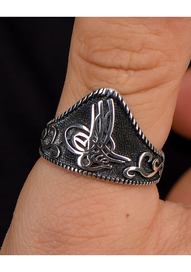 Prestij Gümüş 925 Ayar Gümüş Erkek Baş Parmak Zihgir Tuğralı Motifli Yüzük