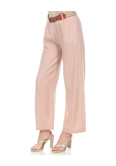 Bluence Beli Kemerli Bol Paça Pembe Pantolon Açık Pembe