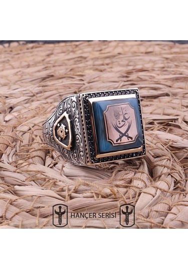 İpek Silver 925 Ayar Gümüş Sıkma Kehribar Taşlı Çift Başlı Zülfikar Desenli Erkek Yüzük Apy101