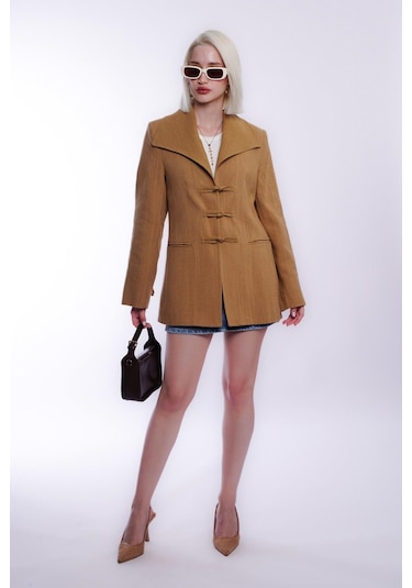 Madmext Hardal Bağlama Detaylı Blazer Kadın Ceket Mg2482 Hardal