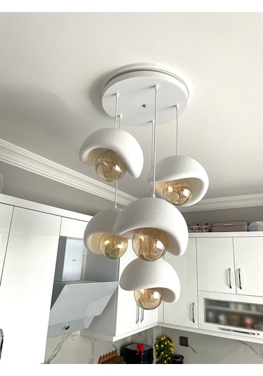 Modern 5'li Avize Beton Dokulu - Salon Ve Oturma Odası İçin Şık Tasarım Rustik Ampul Hediyeli Beyaz