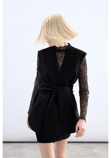 Sateen Kalın Kuşaklı Yelek - Siyah-136856 Siyah