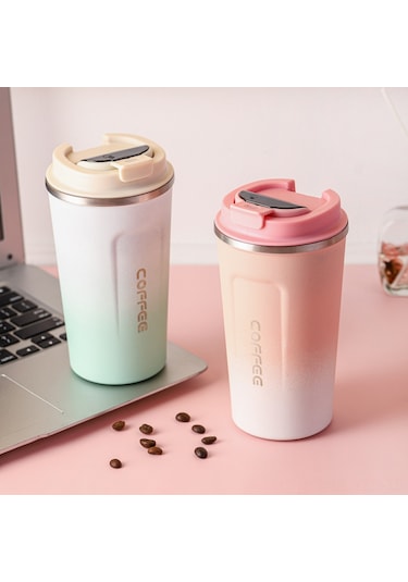 Yuntech01 510ml Akıllı Sıcaklık Gösteren Paslanmaz Çelik Vakumlu Termos Bardak, Isı/sıcak Tutma, Damlacık Önlü, Araba & Seyahat İçin, Gradyan Pembe Yeşil