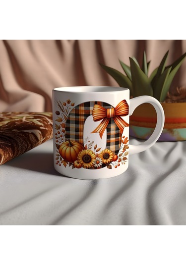 O Harfi Ekose Ve Sonbahar Temalı Kupa Bardak - Kişiye Özel Sıcak Tonlar Alfabe Kupa - Hediye Beyaz