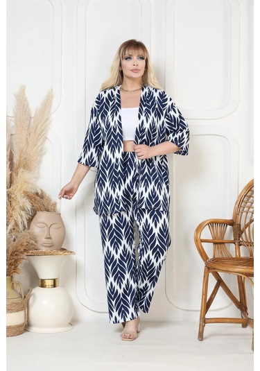 Desenli Kimono Hırkalı 2li Alt Üst Takım Bürümcük Kumaş Yazlık 2xl-6xl Oversize Lacivert